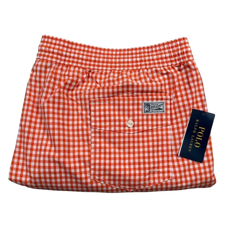 NEW Polo Ralph Lauren Swim Trunks Men 4XB Orange Gingham Check Drawstring‎